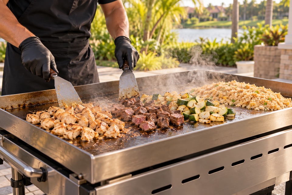 AI illustration of a chef cooking on a portable outdoor hibachi grill