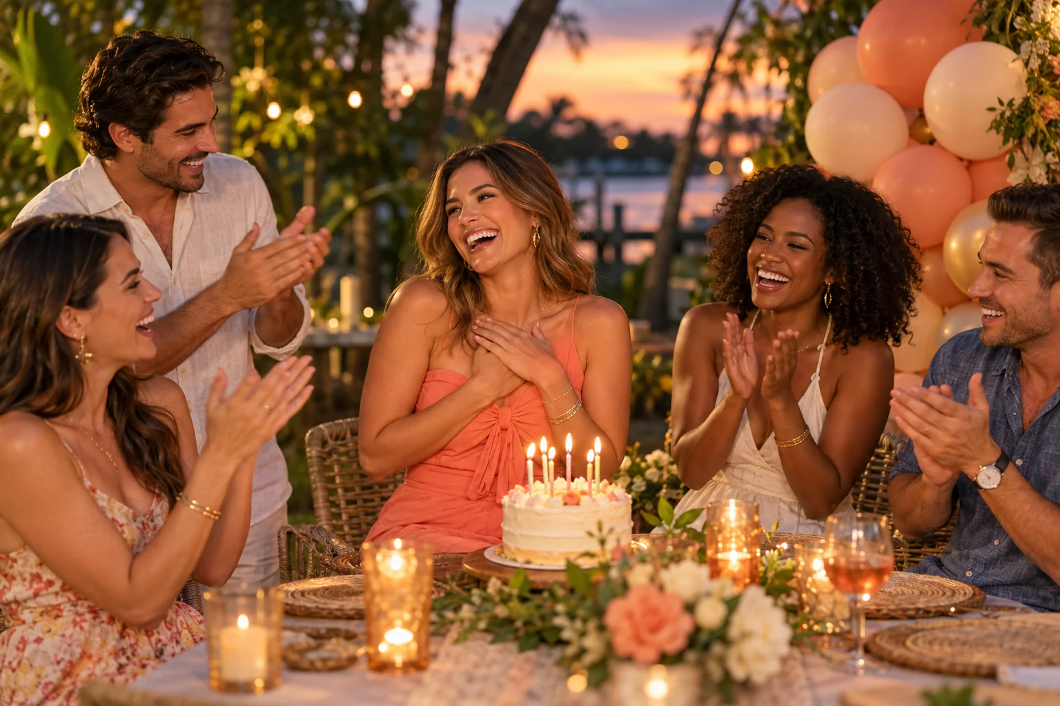 Friends celebrating a birthday with cake and balloons in a garden