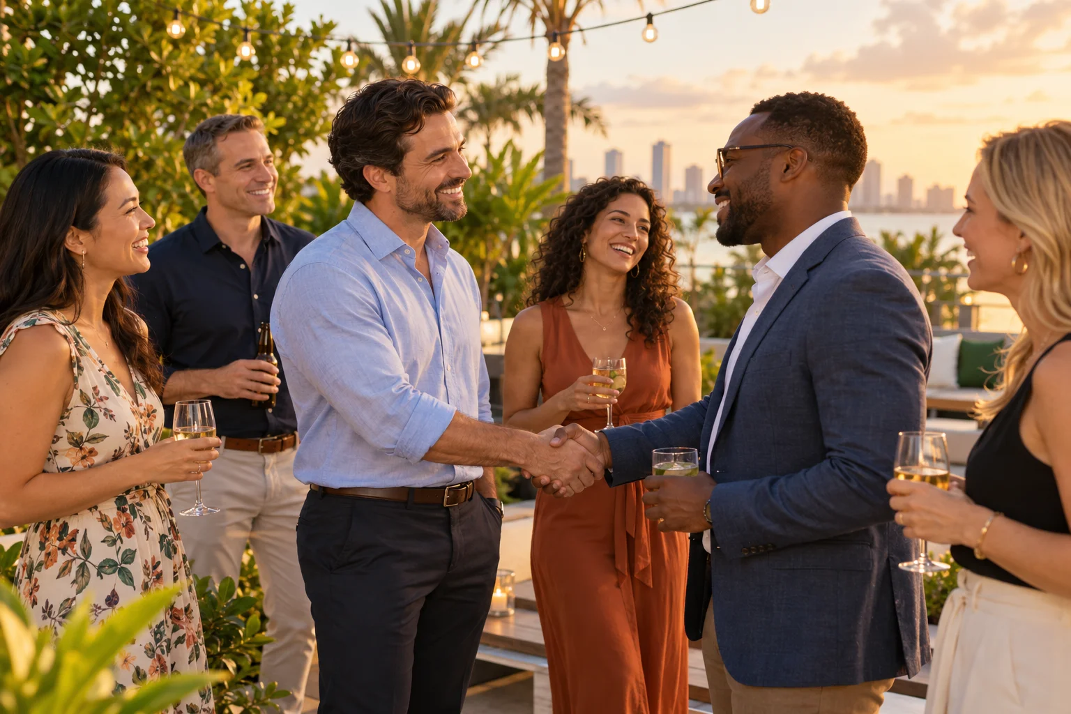 Colleagues chatting and celebrating together on an outdoor terrace