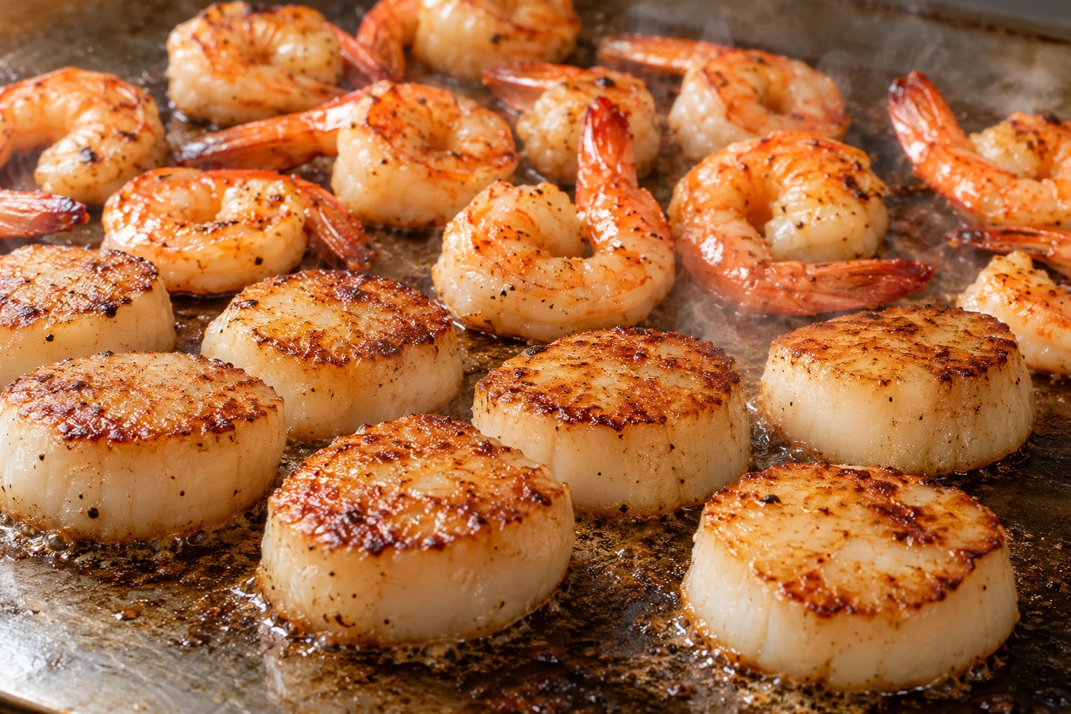 AI illustration of seared shrimp and scallops on a hibachi grill